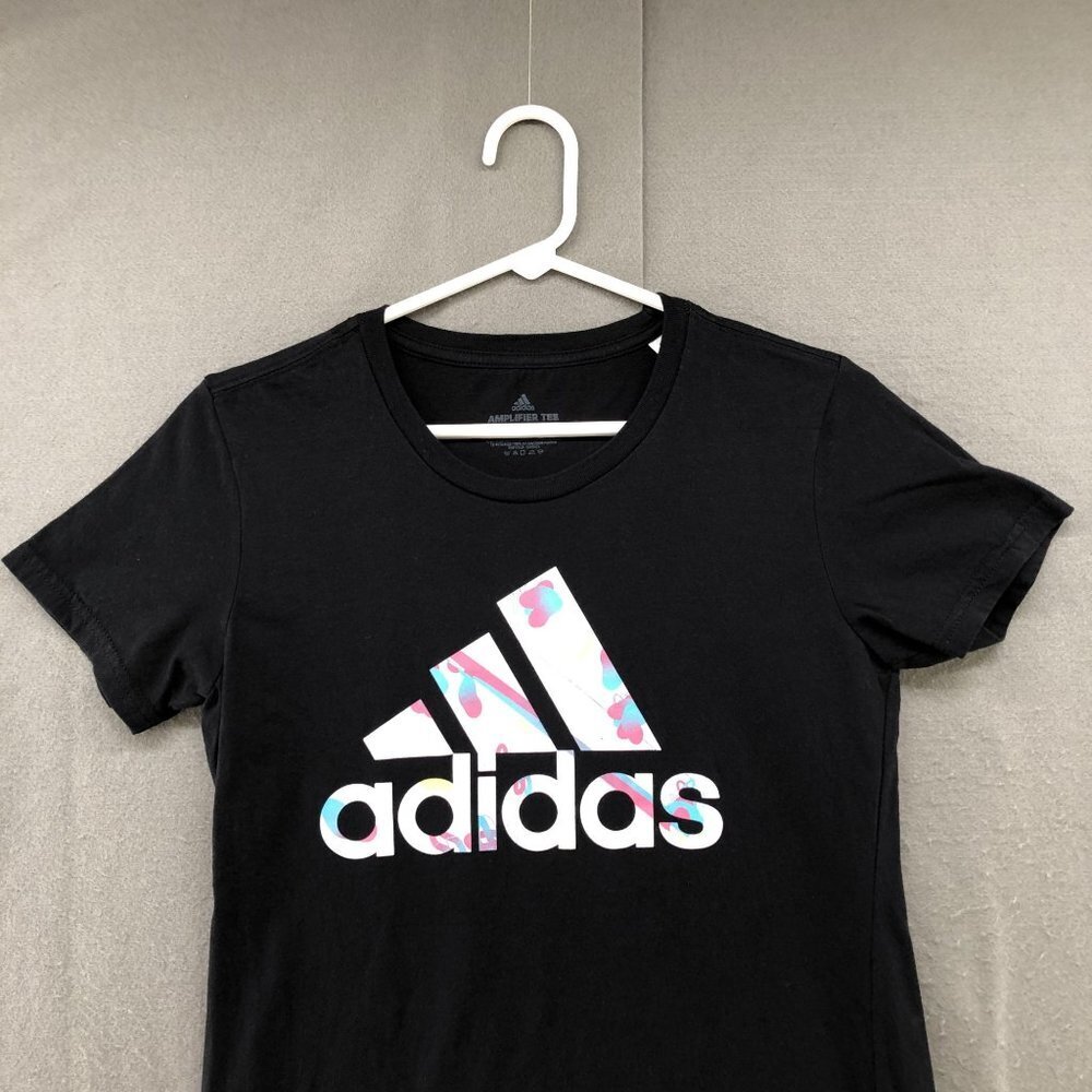 Adidas Black‎ T Shirt Womens S Short Sleeve Crewneck White Logo Cotton - Picture 3 of 8